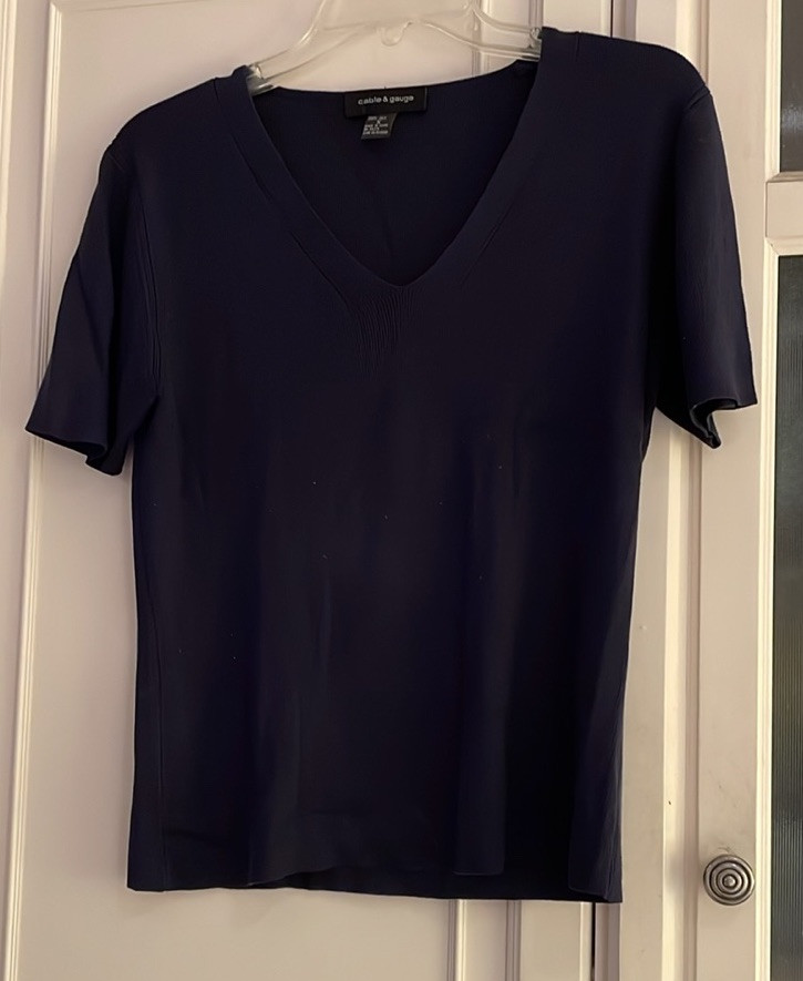 Women’s Cable & Gauge Navy V Neck Short Sleeve Sweater Top Silk S