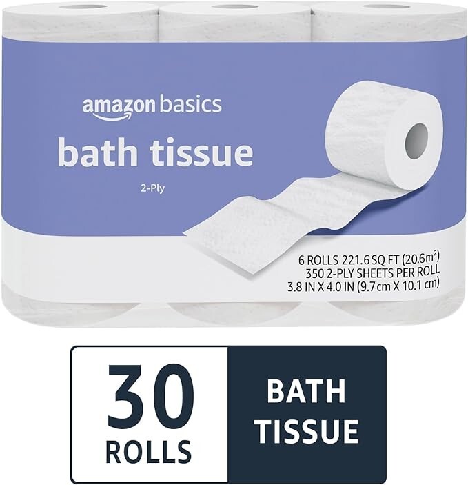 2-Ply Toilet Paper, 30 Rolls (5 Packs of 6), Equivalent to 10500 Sheets