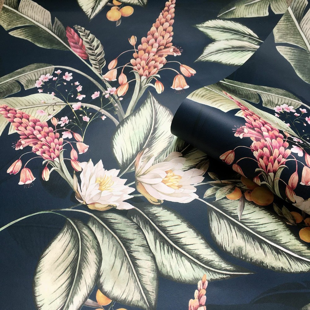 Belgravia Decor Paradise Floral Garden Tropical Foliage Wallpaper - Navy 6600
