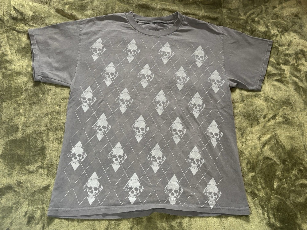 Vintage Y2K Skull Argyle Shirt Mens Medium Gray Grunge Punk Emo Goth Skulls AOP