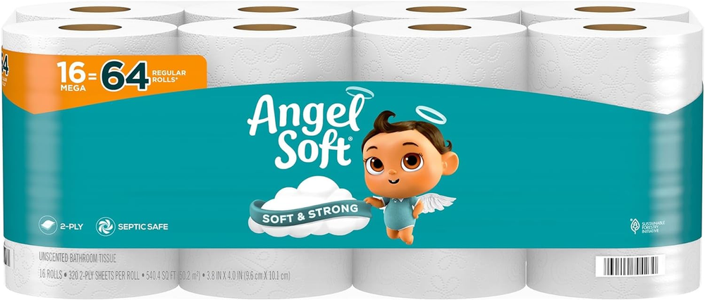 Angel Soft Toilet Paper, 16 Mega Rolls = 64 Regular Rolls, Soft and Strong Toile