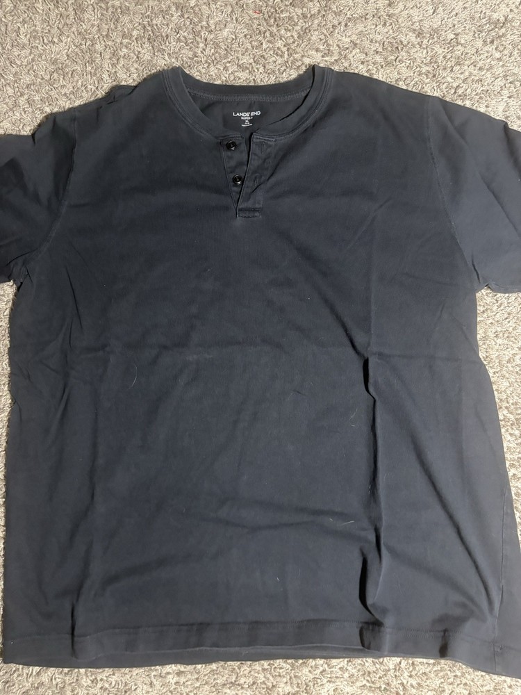 Lands’ End Super-T Henley Shirt Men’s XL Black Short Sleeve Heavyweight Cotton
