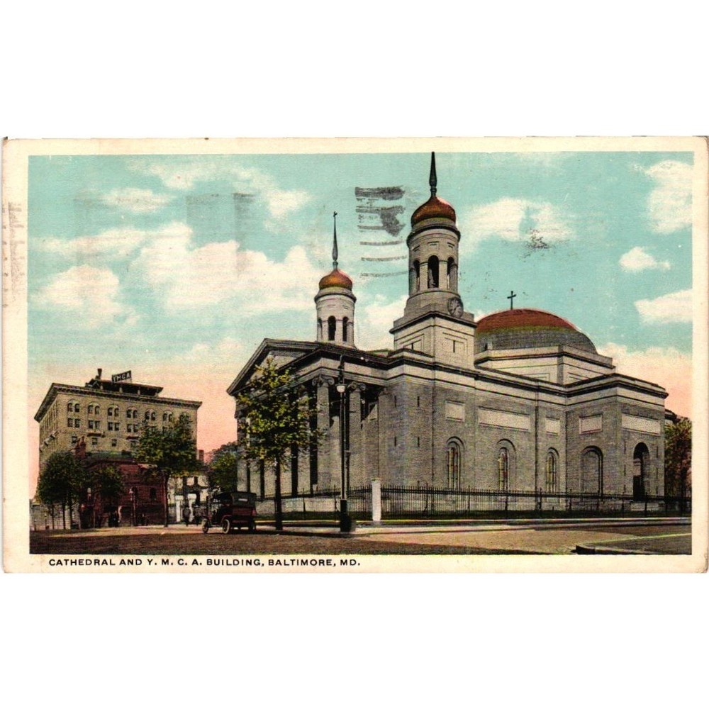 1920 Baltimore MD Cathedral and YMCA Building Antique Postcard Postmarked Stamp