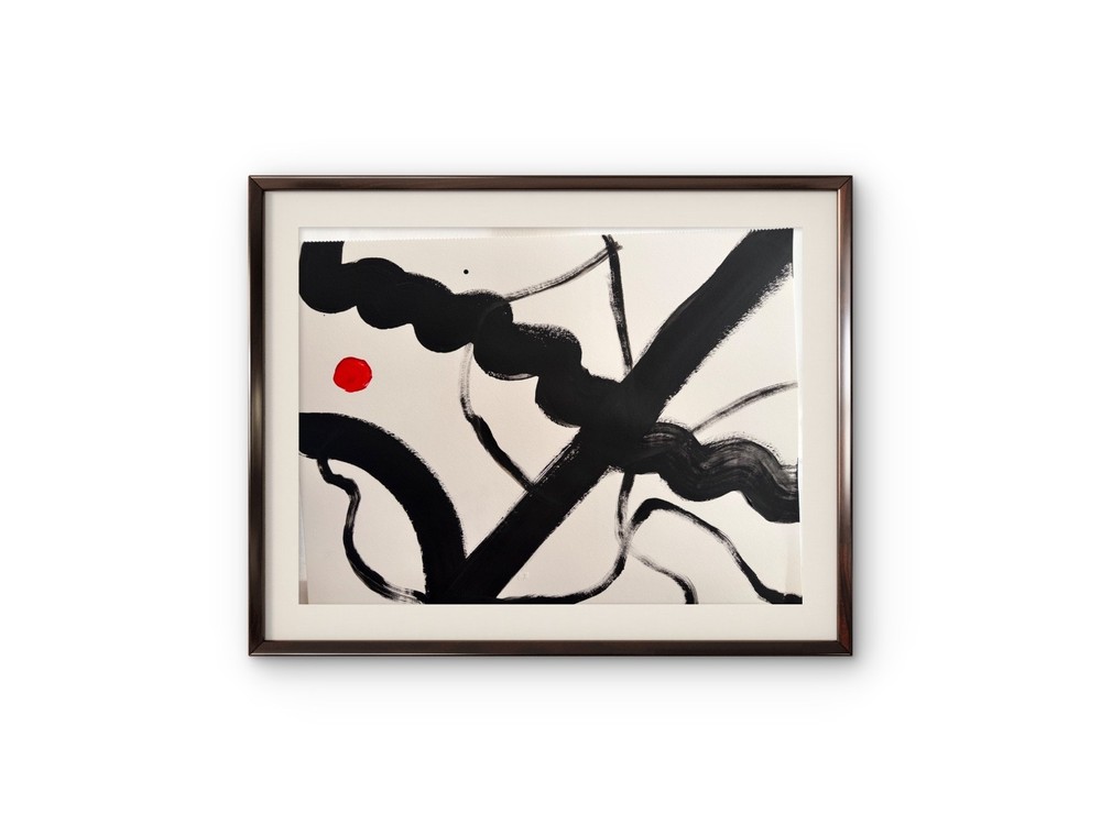 Original Art 14x11 Expressionism Abstract on paper Black on White with Red Dot-image