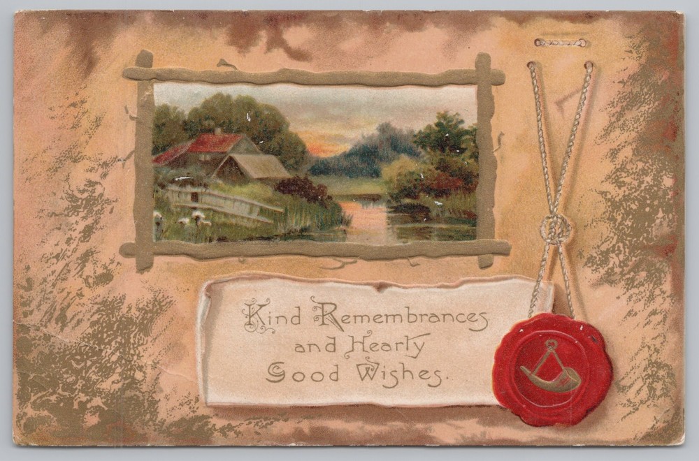 Greetings~House Along River @ Dusk~Seal with Horn~Vintage Postcard
