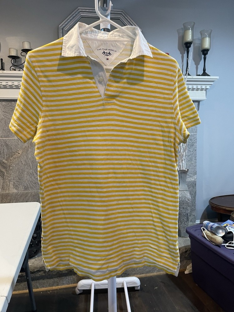 Tommy Hilfiger Men’s Polo Shirt Yellow And White Striped Size Medium 100% Cotton