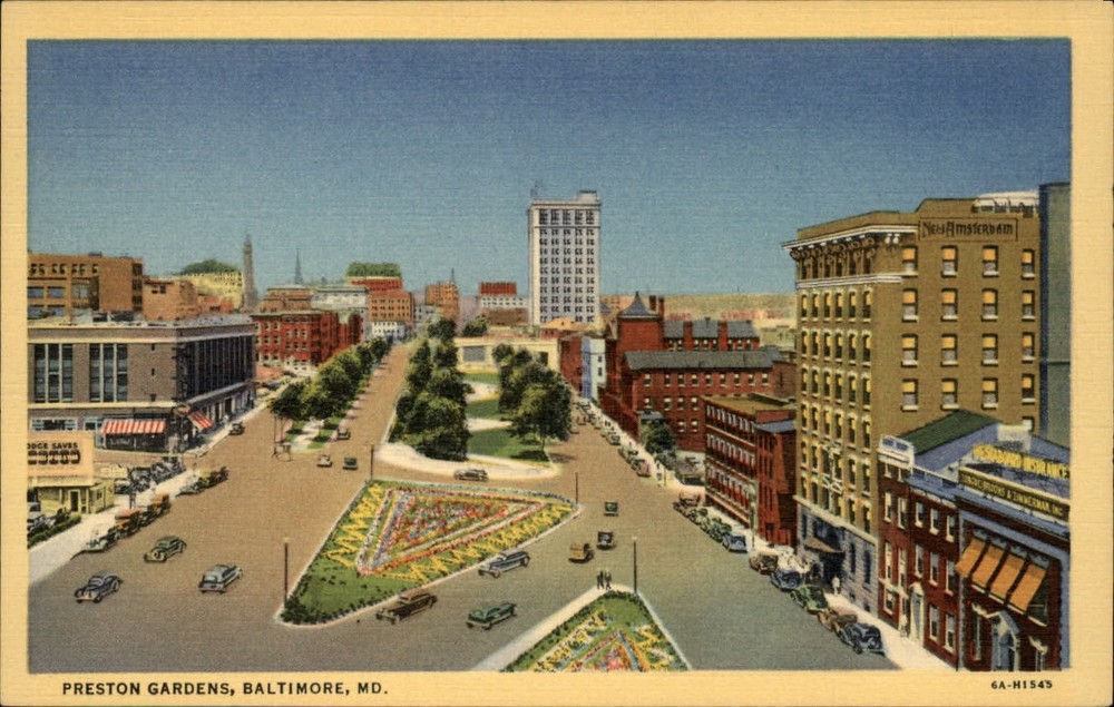 Preston Gardens Baltimore Maryland aerial view cars ~ 1940s linen postcard