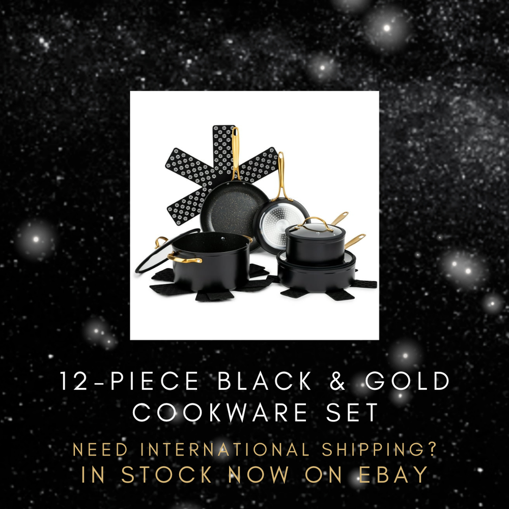 12pc Black & Gold Non-Stick Cookware Set with Fry Pans, Stock Pot & Saucepan