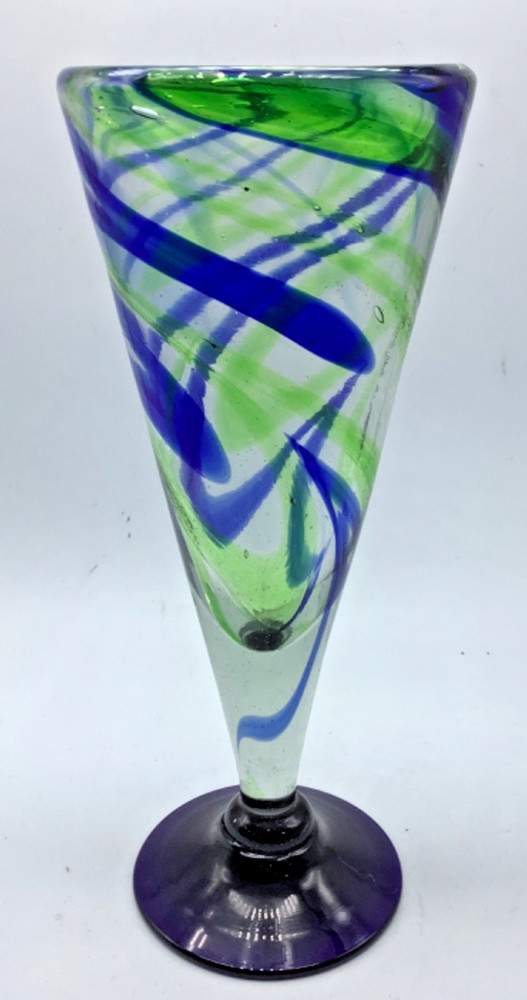 Hand Blown Mexican Pilsner Glass Cobalt Blue Base, Blue/ Green Swirl, 8.75”