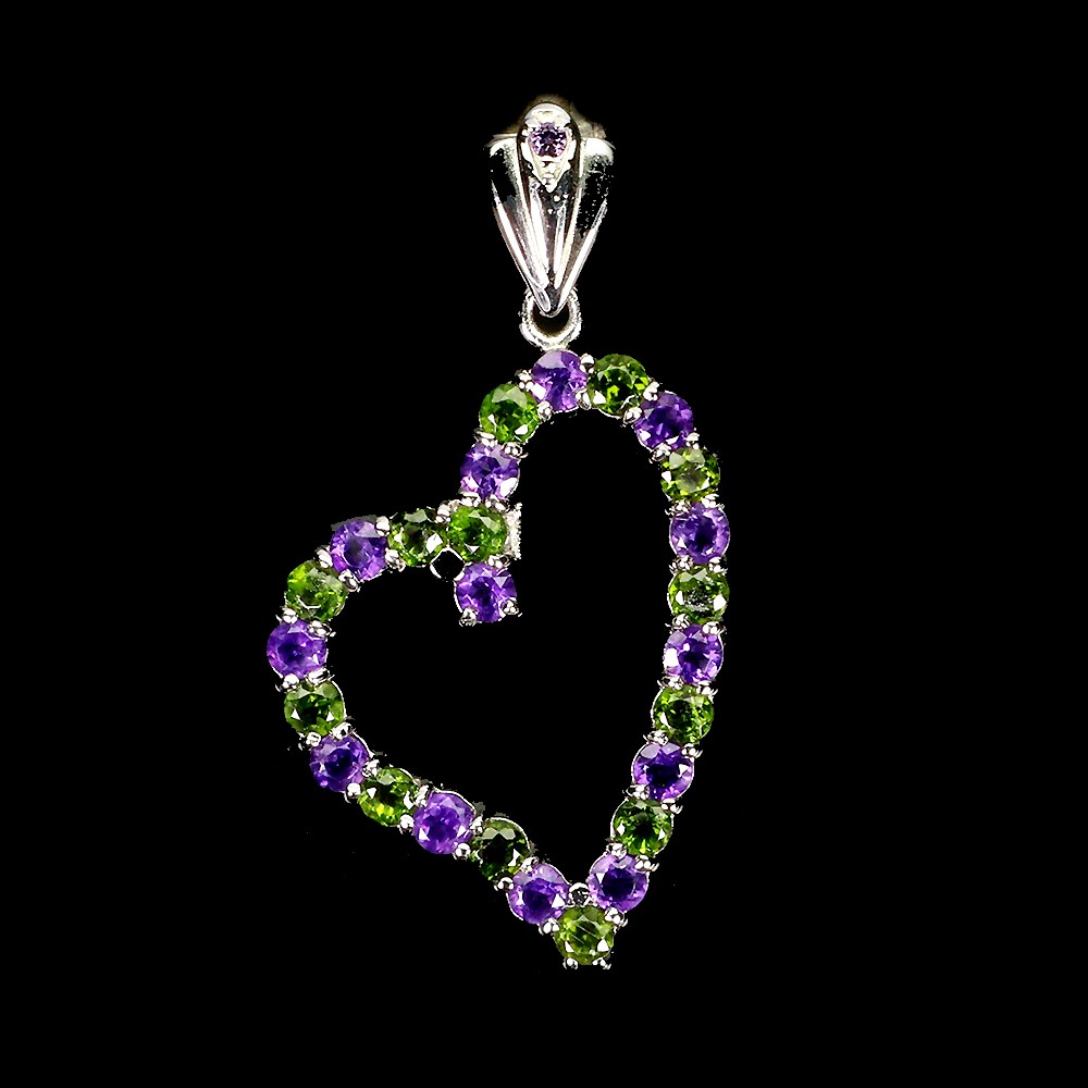 925 Silver Round Amethyst Chrome Diopside Gemstone Pendant