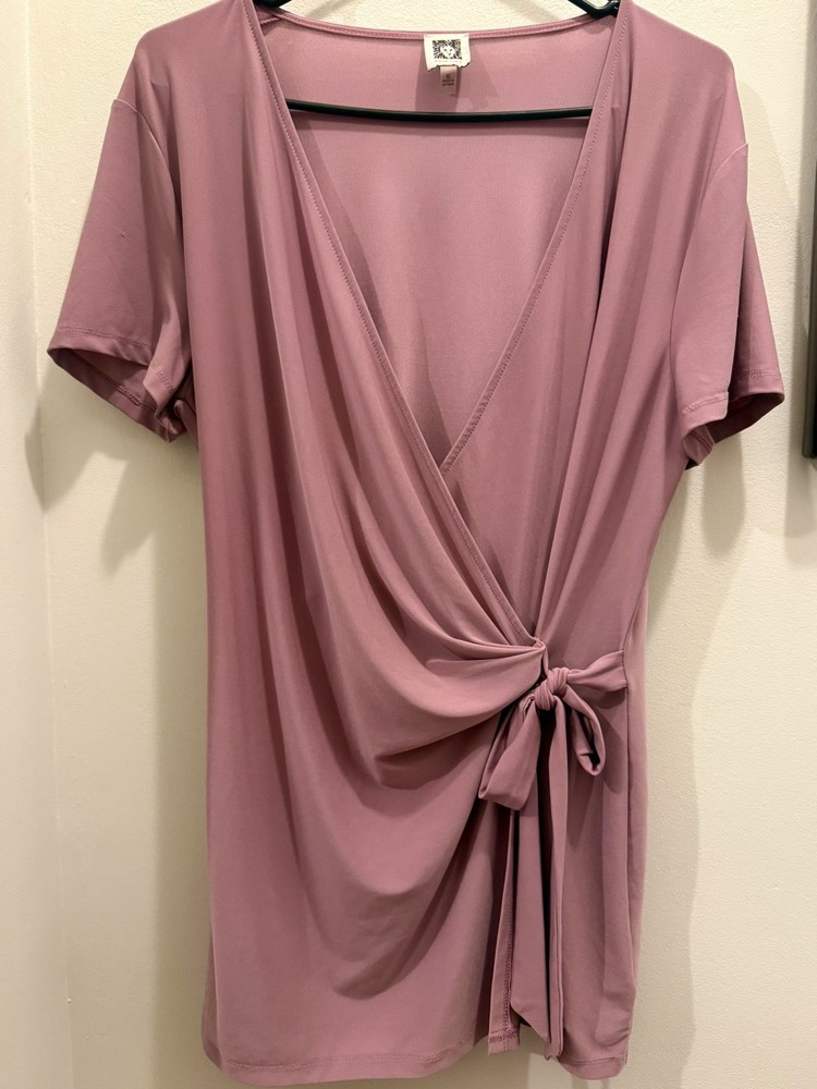 Anne Klein XL Mauve Faux Wrap Tie Front Blouse Short Sleeve Stretch Top Pink
