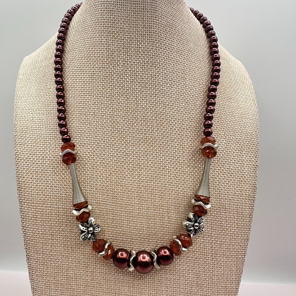 Vintage 90s Silver Tone Faux Pearl Beaded Necklace Boho Women's Classic Jewelry