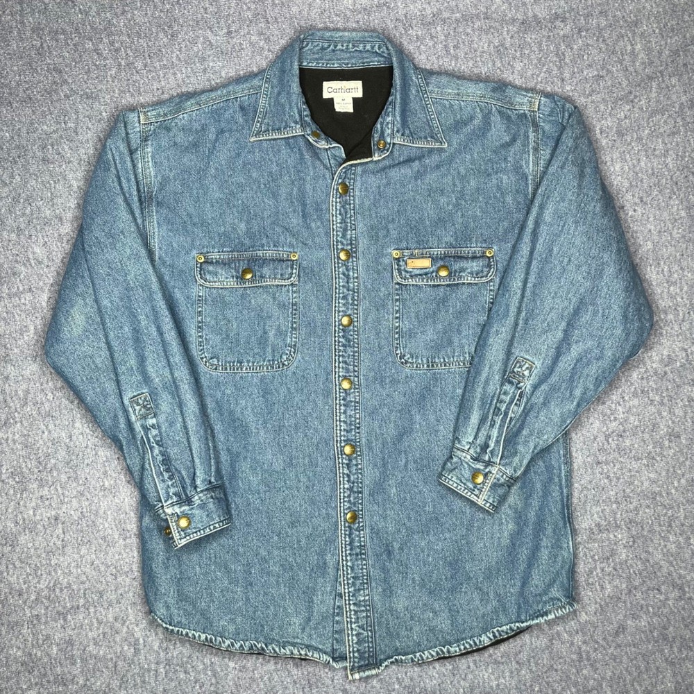 Carhartt S115DST Fleece Lined Denim Shirt Jacket Mens Medium Blue Snap Front