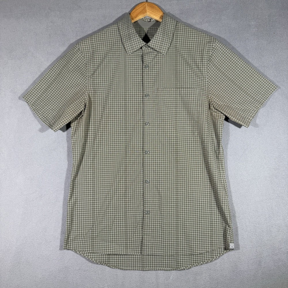 Lululemon Grid Button Up Shirt Mens L Green Gray Mist Short Sleeve Dress Shirt