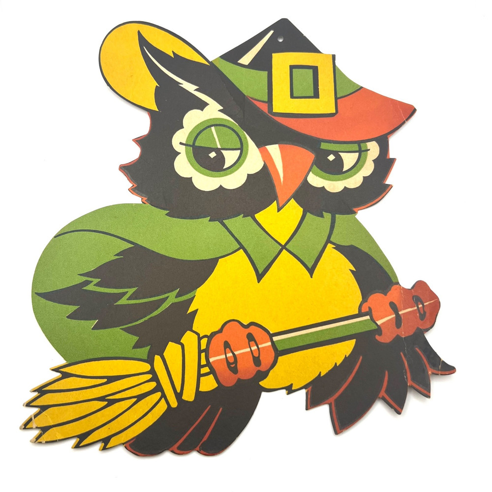 Vintage Beistle Halloween Die Cut Decoration Owl Witch holding Broom Hat 1970s