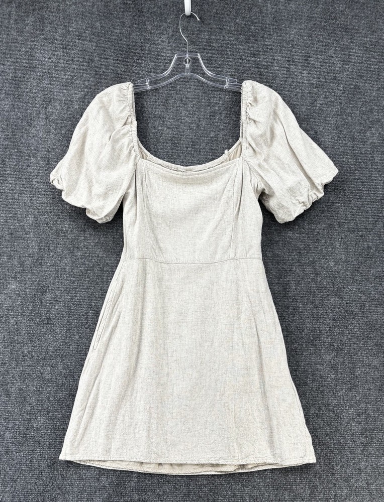 Abercrombie & Fitch Beige Smocked Back Puff Sleeve Linen Blend Mini Dress Size S