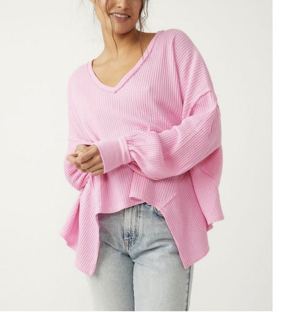 Free People Pink Waffle Knit Thermal Top Oversized V-Neck Slouchy Boho Small