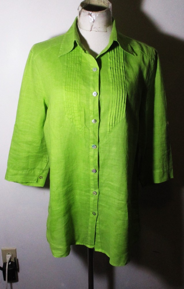 PURE LINO Green 100% Linen 3/4 Sleeve Shirt Women's Size M