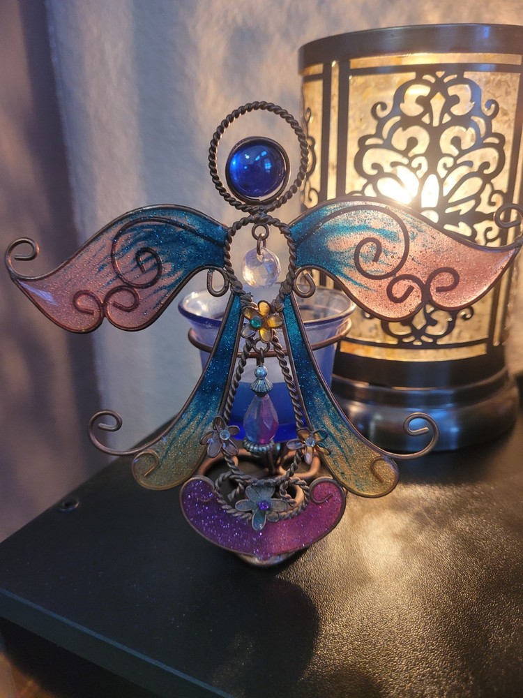 Vintage Angel Copper Candle Votive Holder Tea Light Dangle Charm Flower Beads