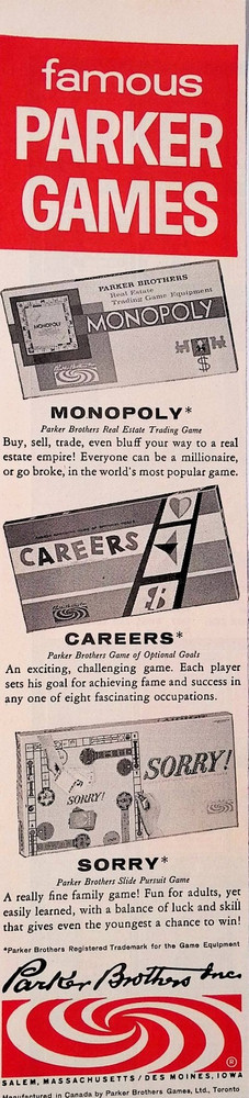 1964 Famous Parker Games Monopoly Careers Sorry Print Ad American Girl Nov