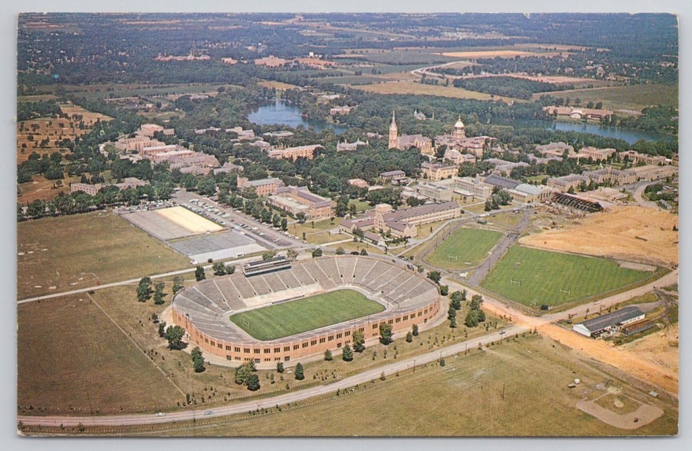 Notre Dame Stadium & Campus Aerial View South Bend IN Plastichrome Postcard