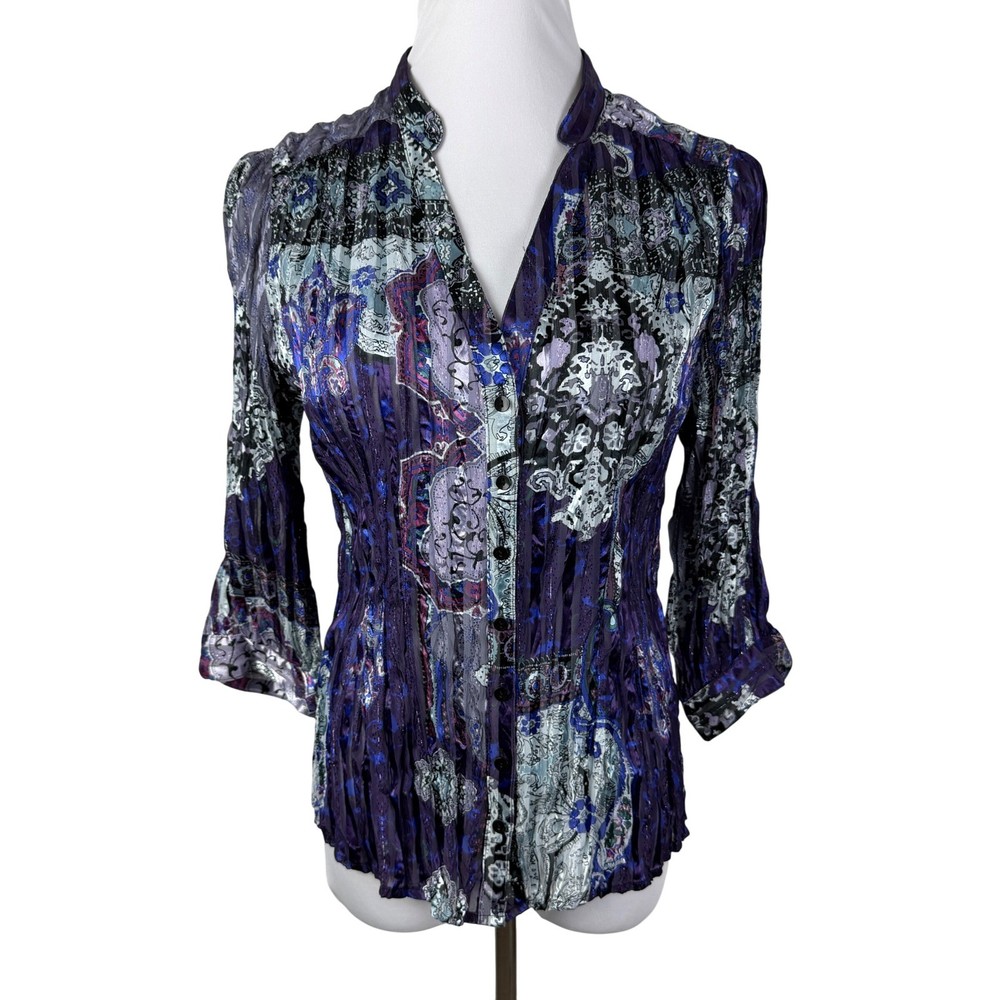Violet & Claire NY Purple Paisley Crinkle Metallic Button Blouse Women's Large