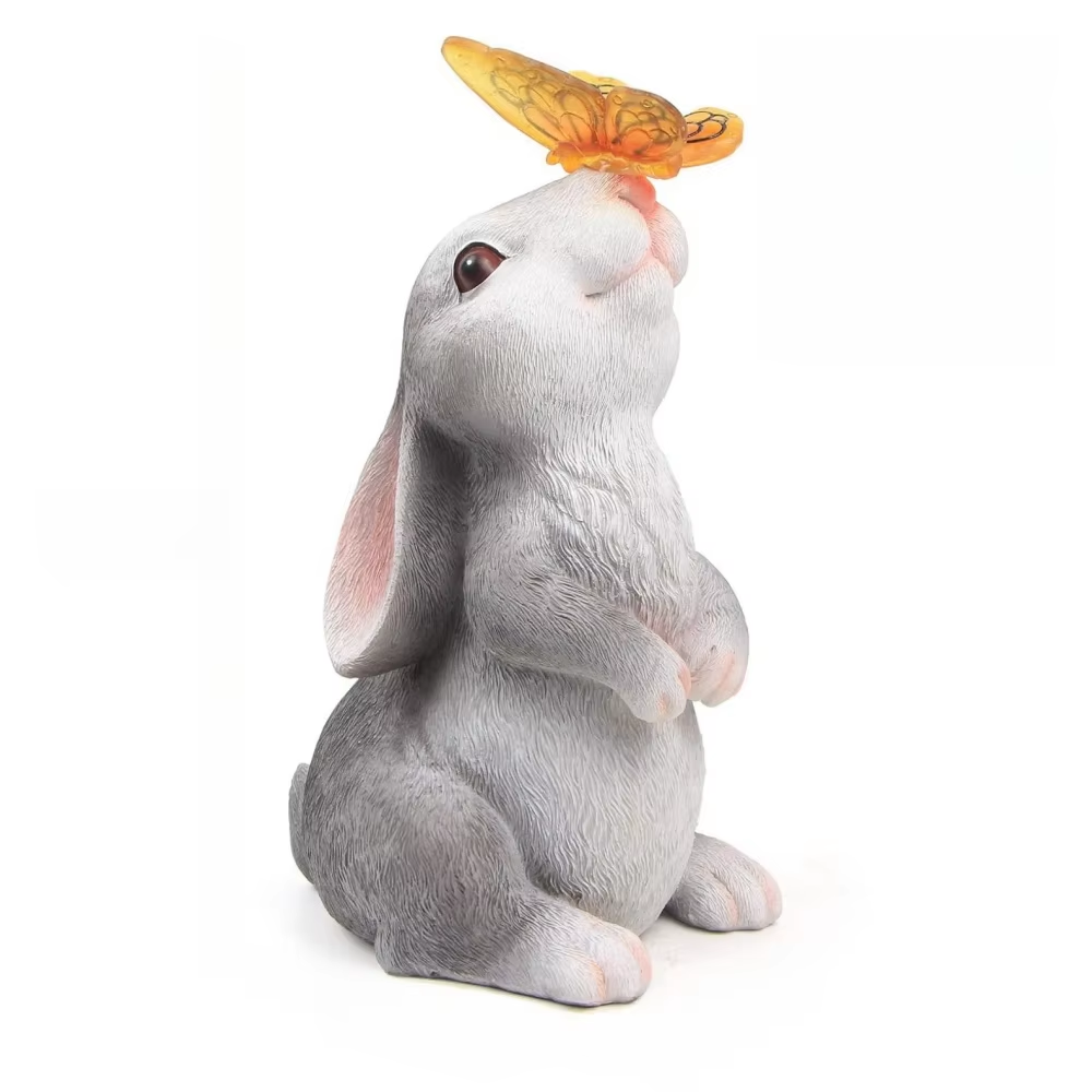 Solar Bunny Statue Garden Decor with Butterfly LED Light Resin Animal Sculpture