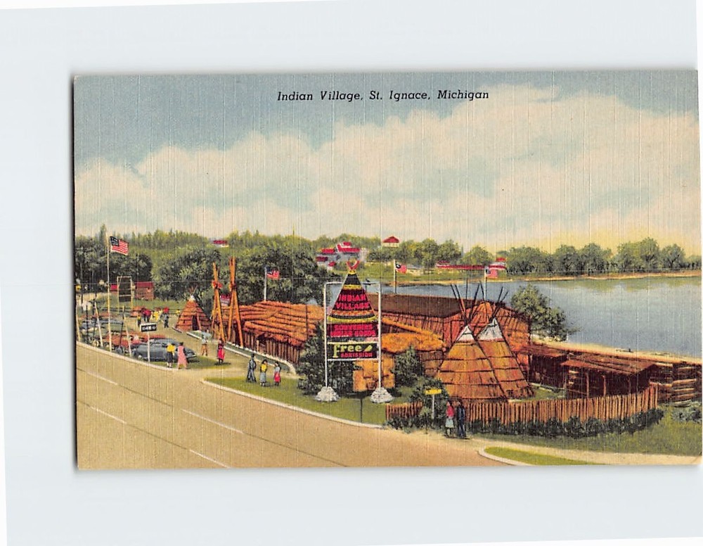 Postcard American Indian Village St. Ignace Michigan USA