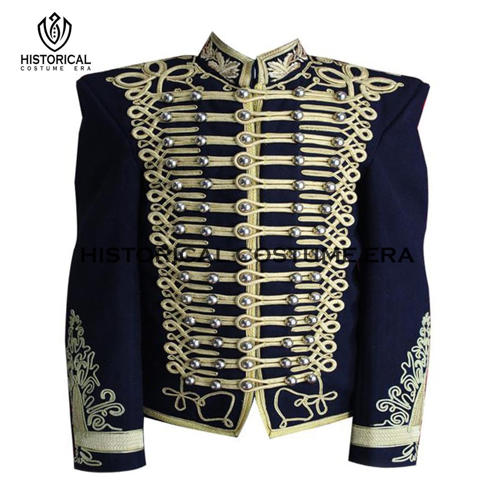 Men's Napoleonic-style Navy Blue Wool Military Hussar Jacket With Gold Braiding,