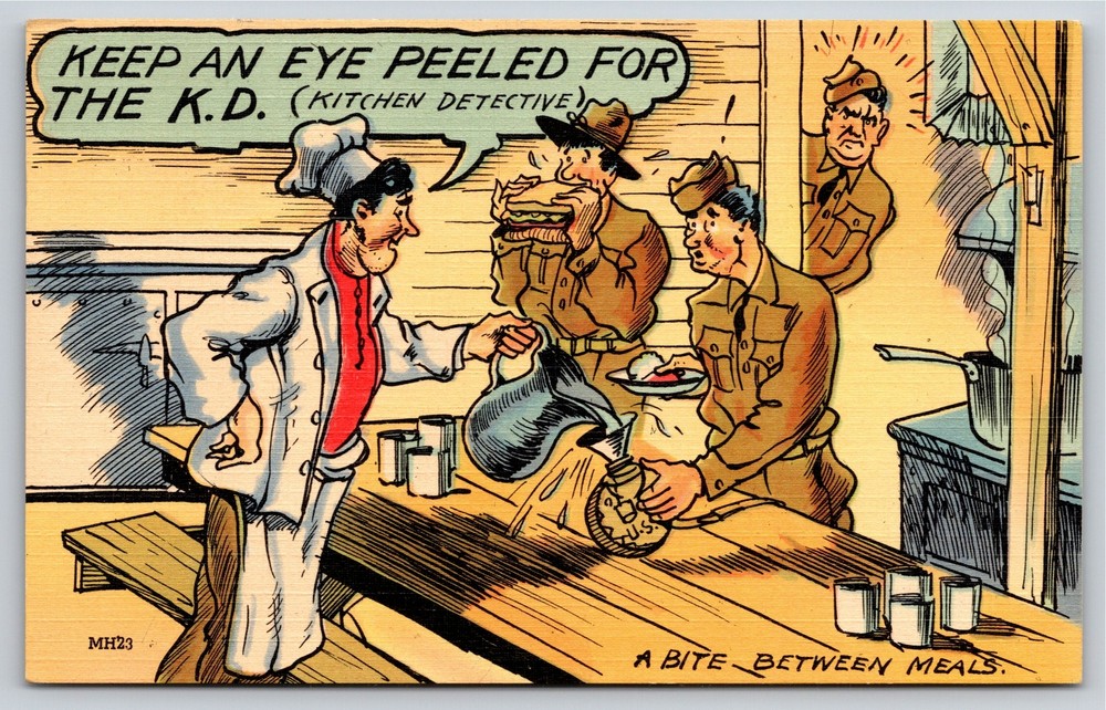 Military Comic~Keep An Eye Peeled For The Kitchen Detective~PM 1943~Postcard