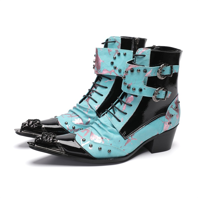 Matching Men's Leather Ankle Boots Buckle Shoes Metal Pointed Toe Rivet Formal