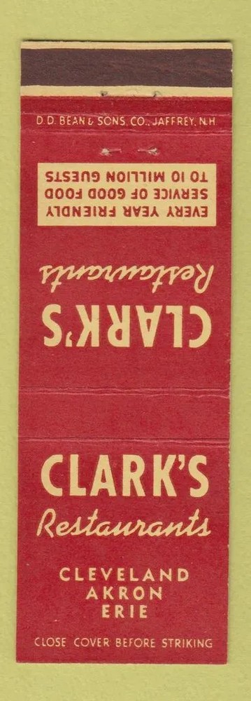 Matchbook Cover - Clark's Restaurant Cleveland Akron Erie OH
