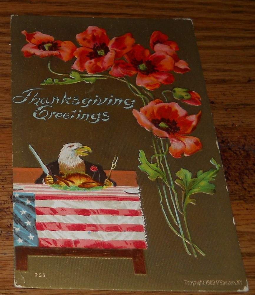 Thanksgiving Greetings Anthropomorphic Eagle Eating Turkey Dinner Postcard T8