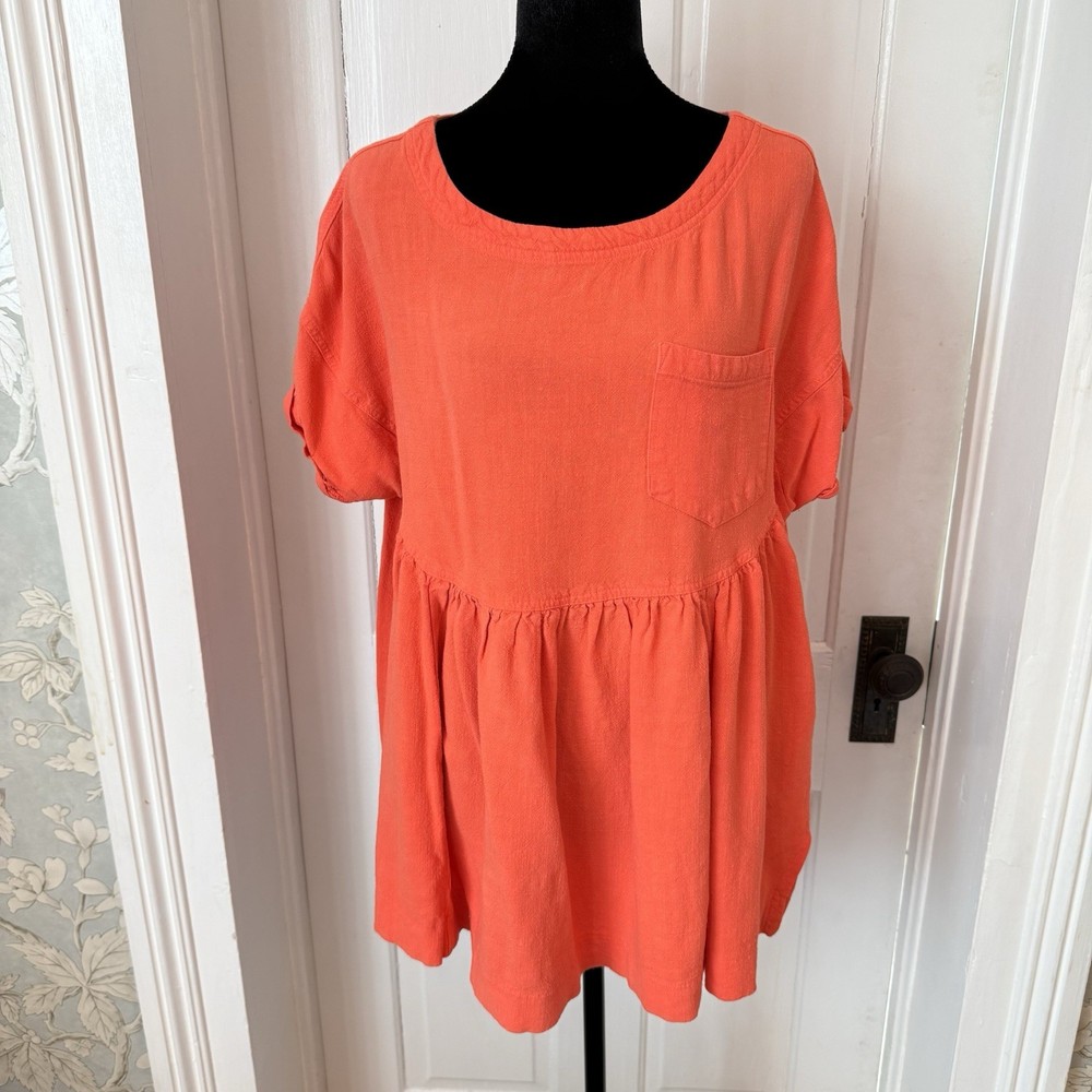 Entro Orange Woven Babydoll Blouse Keyhole Pocket Round Neck Short Sleeve M
