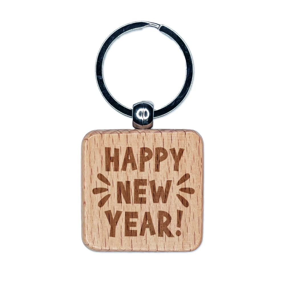 Happy New Year Engraved Wood Square Keychain Tag Charm