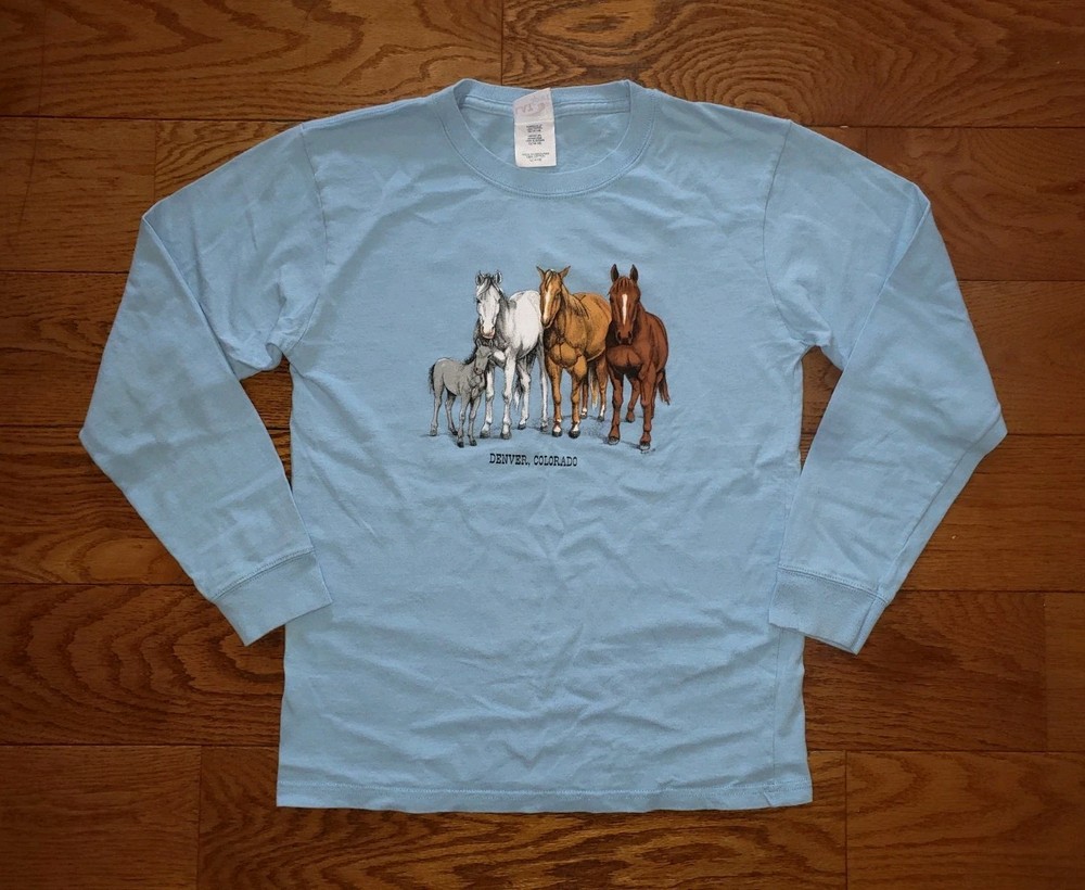 Vintage Y2K Long Sleeve T-Shirt XS Horse Western Double-Sided Blue Colorado
