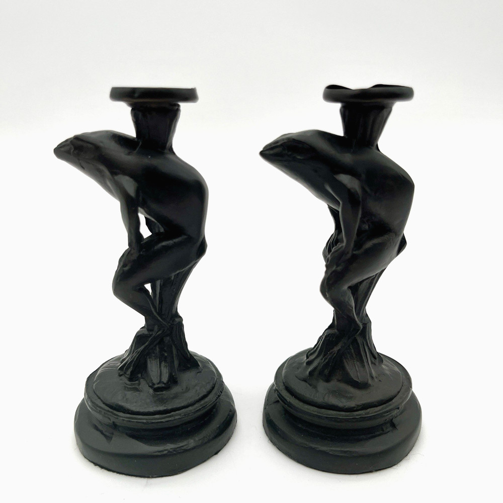 Pair of Vtg Bronze Frog Candlestick Candle Holder Art Deco Nouveau 4.5”