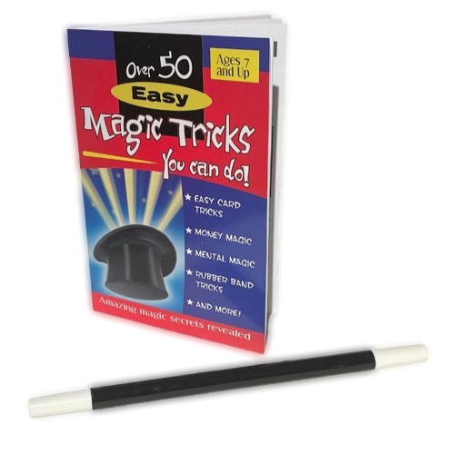 OVER 50 EASY MAGIC TRICKS BOOK + 10” MAGICIANS WAND Beginner Booklet Set How To