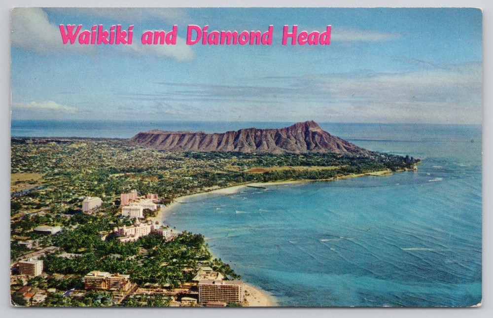 Vintage Waikiki Beach & Diamond Head Aerial View Postcard Honolulu Hawaii