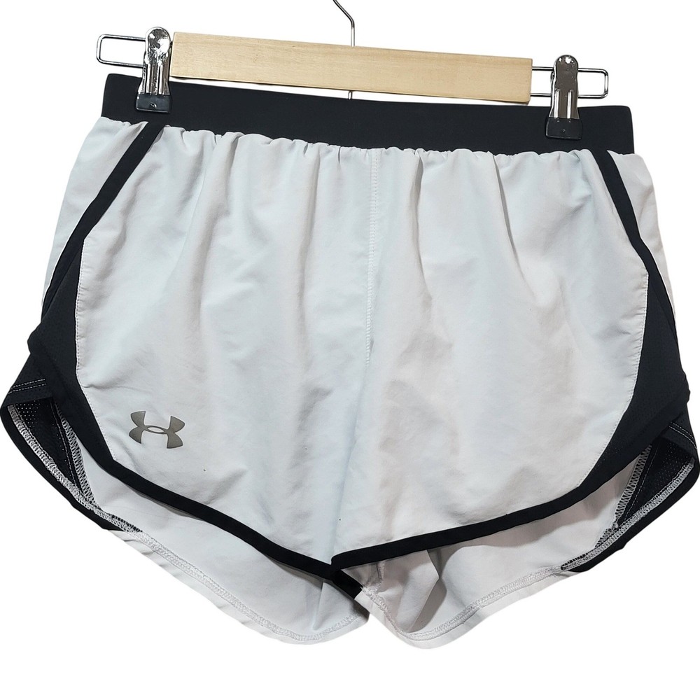 Under Armour Fly By 2.0 Running Shorts Womens XS White Black HeatGear 1350196