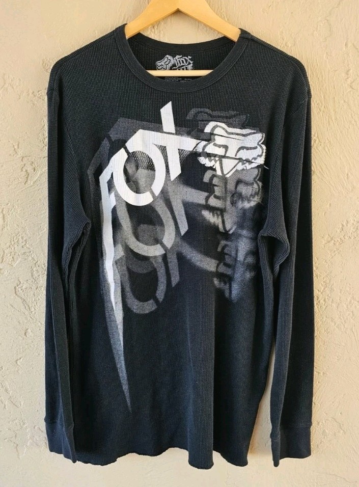 Vintage Fox Racing Thermal Shirt Men XXL Black Y2K Moto Streetwear Long Sleeve