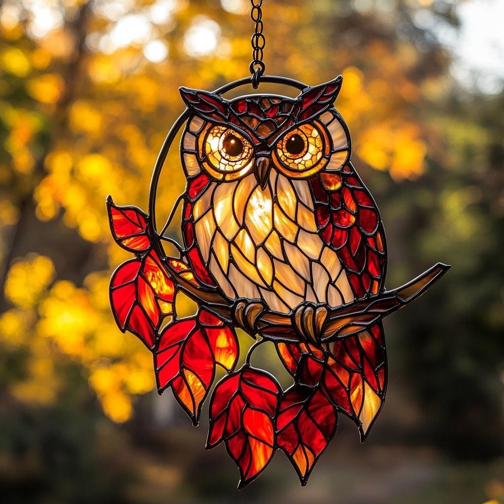 Autumn Owl Acrylic Suncatcher, Faux Stained Glass Owl And Leaves Window Hanging