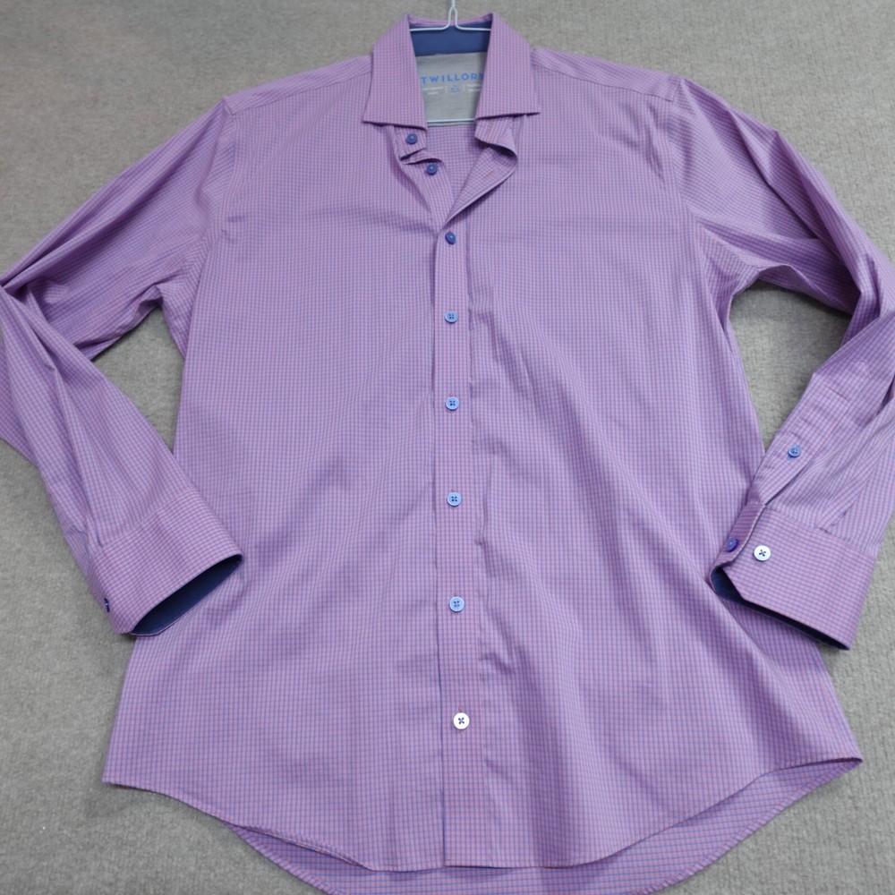 Twillory Mens Shirt Large 16 Pink Blue Plaid Tailored Fit Performance