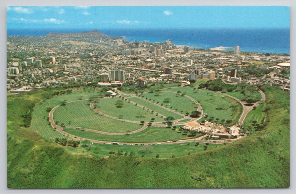 Punchbowl Cemetery Honolulu Hawaii Aerial View Curteichcolor Postcard