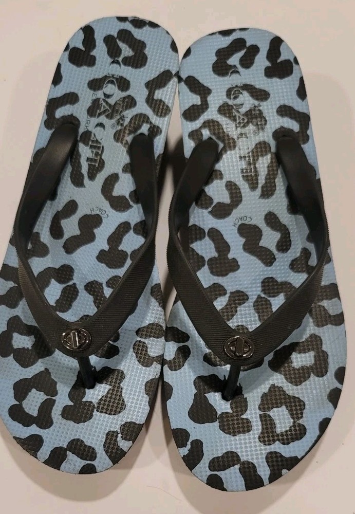 Coach Loralyn Wedge Flip Flops in Black & Blue Cheetah - Women's Size 8