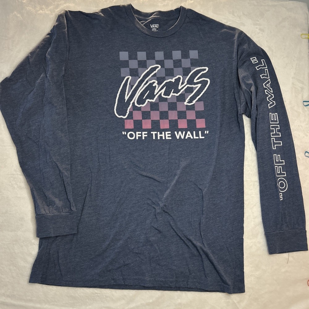 VANS Heather Blue Checkered Pink Graphic Long Sleeve Off The Wall T-Shirt Size L