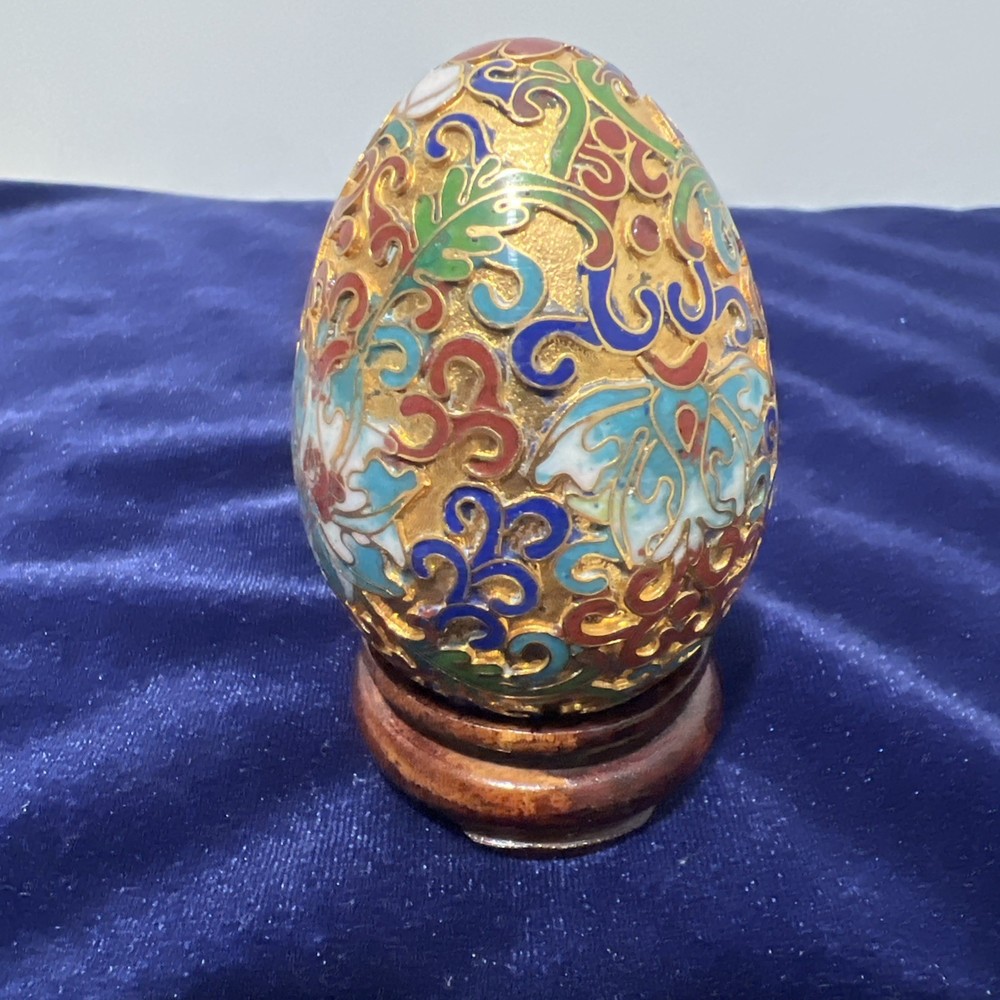 Vintage Chinese Brass Enamel Cloisonne Egg Figurine With Stand 2.75