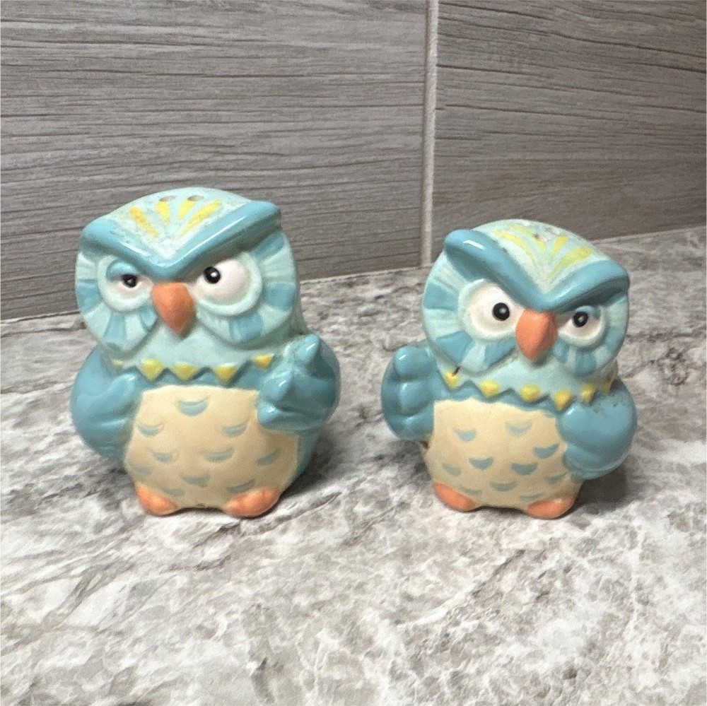 Owl Ceramic Salt & Pepper Shaker Set 2-Piece Blue & Cream Novelty
