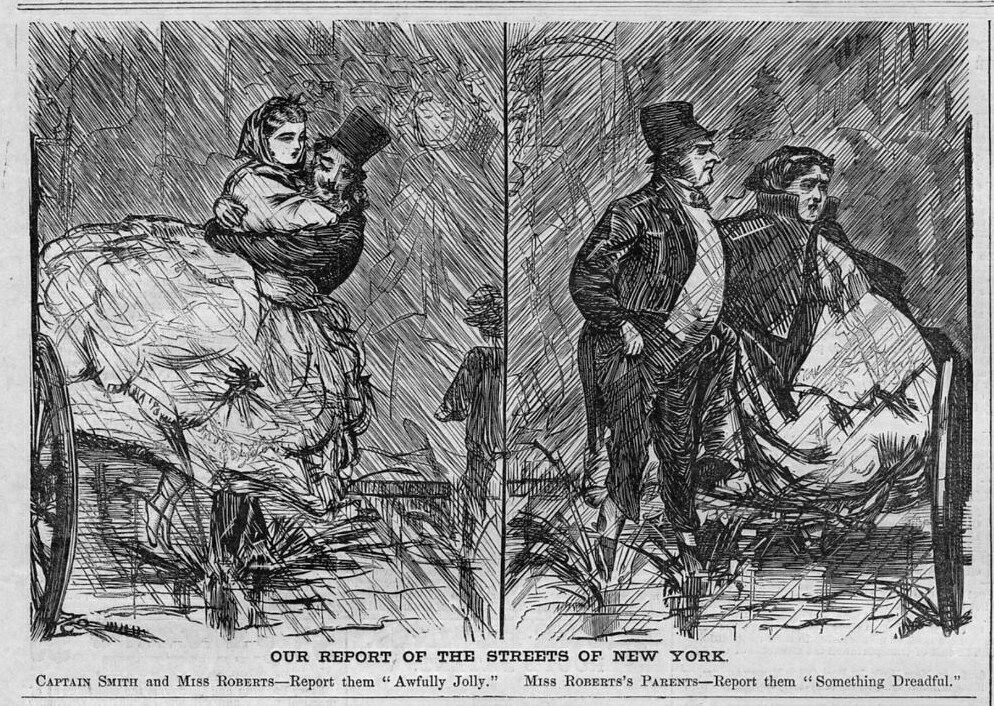 PEDESTRIANS ON THE STREETS OF NEW YORK 1867, GENTLEMAN CARRYING WOMAN OVER WATER