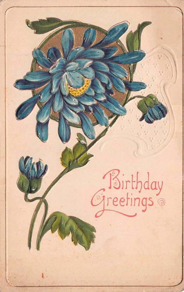 December Birthday Card Blue Flower Chrysanthemum Botanical Vtg Postcard D44
